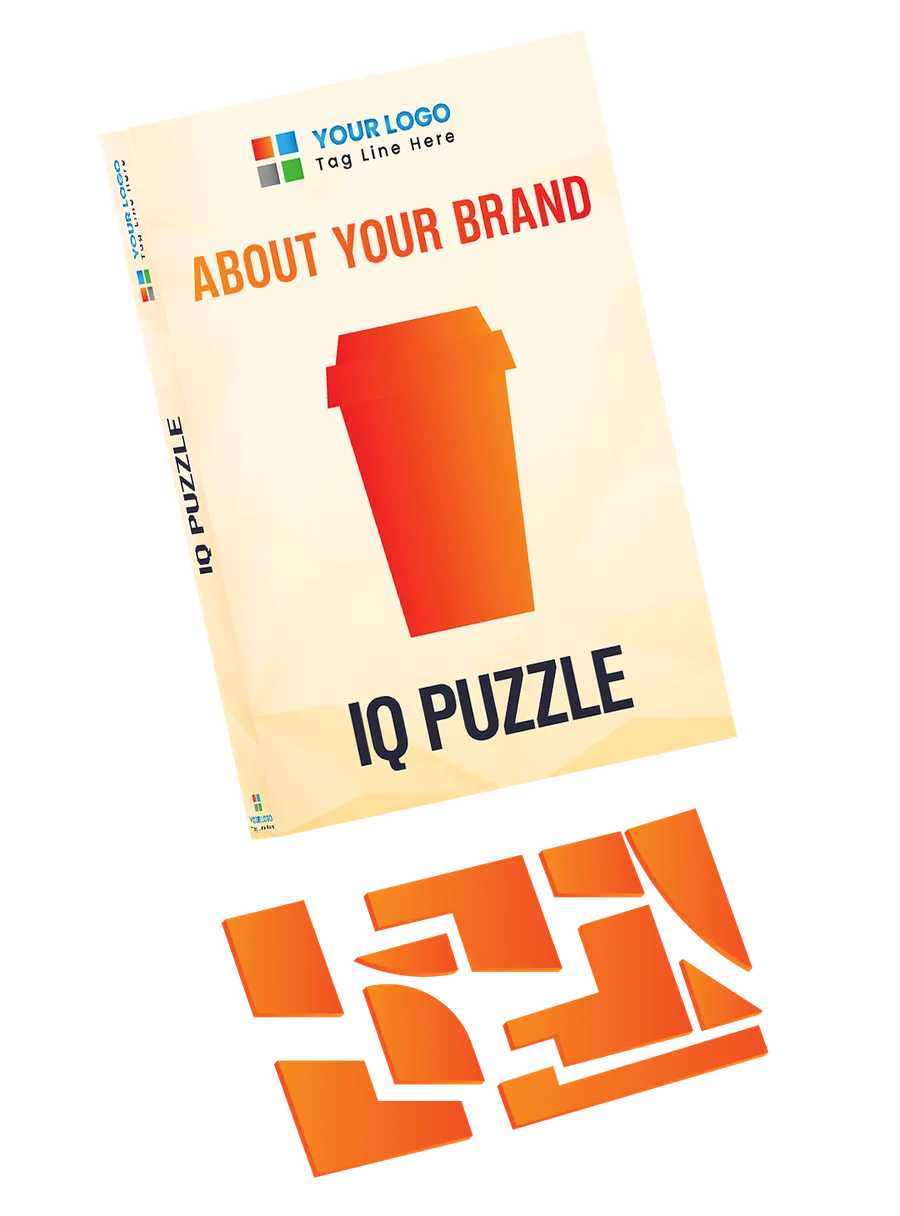 A custom-branded IQ Puzzle box with the puzzle pieces beside it